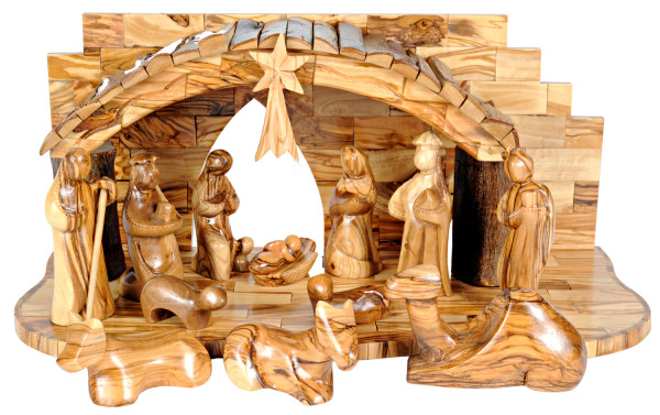 14 Piece Deluxe Contemporary Olive Wood Nativity Scene - Brown, 1 Nativity