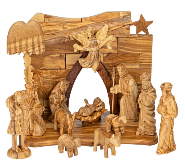Indoor Olive Wood Nativity Set 13 Piece with Angel and Stable - Brown, 1 Nativity