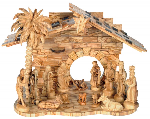 16 Piece Large Olive Wood Nativity w Star of Bethlehem - Brown, 1 Nativity