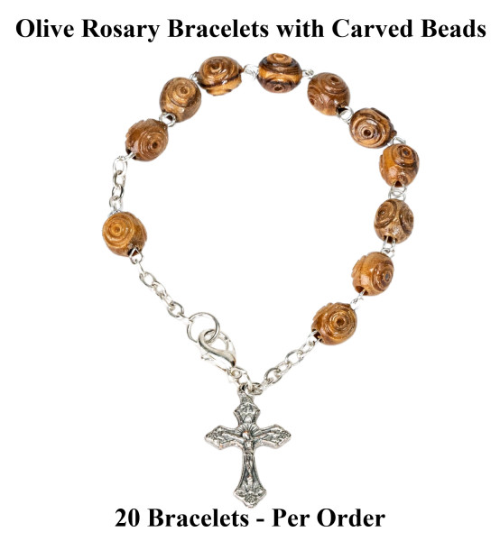 Olive Wood Rosary Bracelets Carved Beads Bulk Priced - 20 @ $3.90 Each