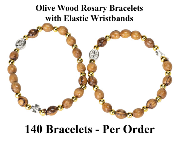 Wholesale Olive Wood Rosary Elastic Bracelets - 140 @ $2.80 Each